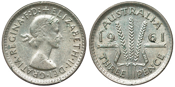 Австралия 3 пенса 1961 m, Елизавета II (1952-2022) KM 57 серебро 71-711