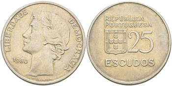 Португалия 25 эскудо 1980 первый год KM 607а медно-никель 4521-1231