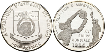 Конго 500 франков 1992 XV чемпионат мира по футболу 1994 года в США, тираж 10000 экз. KM 11 серебро PROOF 00-000-00