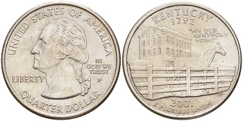 США 25 центов = квотер 2001 Р, серия штаты США, Кентукки KM 322 медь плакированная медно-никелем 4114-144