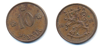 Финляндия 10 пенни 1928 республика (1918-1962) KM 24 медь 46-1622