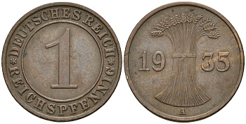 Германия 1 рейхспфенниг 1935 A KM 37, J. 313 бронза 4528-534