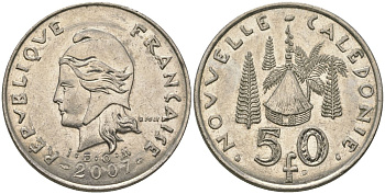 Французская Новая Каледония 50 франков 2007 хижина среди сосен и пальм, (IEOM) KM 13a, Schoen 15a, Lec 128i медно-никель 114-241