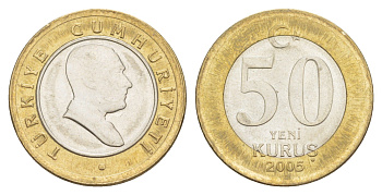 Турция 50 курушей 2005 Кемаль Ататюрк KM 1168 биметалл UNC 4648-733
