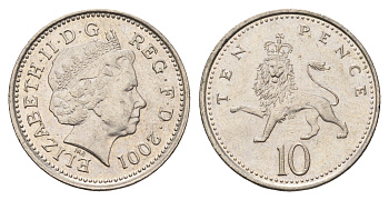 Великобритания 10 пенсов 2001 Елизавета II (1952-2022) KM 989, Spink 4650 (F5) медно-никель 4637-1157