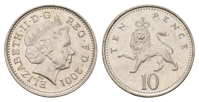 Великобритания 10 пенсов 2001 Елизавета II (1952-2022) KM 989, Spink 4650 (F5) медно-никель 4637-1157