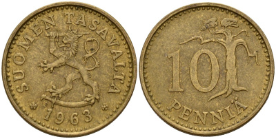 Финляндия 10 пенни 1963 KM 46 алюминиевая бронза 4152-1061