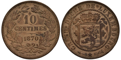 ЛЮКСЕМБУРГ 10 САНТИМОВ 1870 u, ГЕРЦОГ ВИЛЛЕМ III НИДЕРЛАНДСКИЙ (1849-1890), МОНДВОР УТРЕХТ, С ТОЧКОЙ НАД BARTH НА РЕВЕРСЕ КМ 23.1 бронза 4536-444