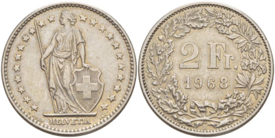 Швейцария 2 франка 1968 В KM 21а.1 медно-никель 4542-444