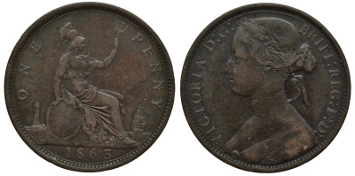 Великобритания 1 пенни 1863 Виктория (1837-1901) KM 749.2, Spink 3954 бронза 1524-525