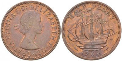 Великобритания 1/2 пенни 1964 Елизавета II (1952-2022) KM 896, Spink 4158 бронза 212-1226