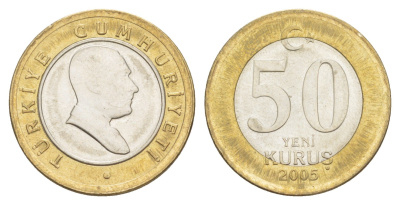 Турция 50 курушей 2005 Кемаль Ататюрк KM 1168 биметалл UNC 4648-733