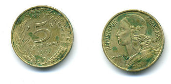 ФРАНЦИЯ 5 САНТИМОВ 1967 ТИП MARIANNE KM 933 медь алюминий никель 84-1528