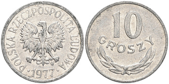 ПОЛЬША 10 ГРОШЕЙ 1977 MW KM АА47 алюминий VF-XF 192-112
