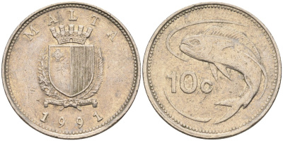 Мальта 10 центов 1991 золотая макрель KM 96 медно-никель 4588-224