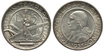 САН-МАРИНО 5 ЛИР 1935 KM 9 серебро UNC 1521-1415