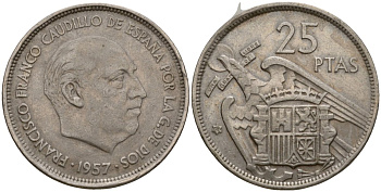Испания 25 песет 1957 (58) KM 787 медно-никель 77-433