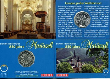 Австрия 5 евро 2007 850 лет городу Мариацелль, церковь KM 3145 серебро UNC 1-5-2-05
