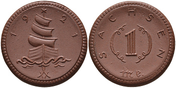 Саксония 1 марка 1921 парусник J. N 55 фарфор 1094-4-24