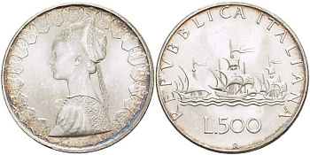 Италия 500 лир 1958 R, корабли Колумба KM 98 серебро 53-921