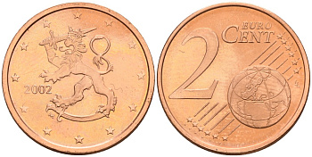 Финляндия 2 евроцента 2002 KM 99 сталь плакированная медью UNC M50-19