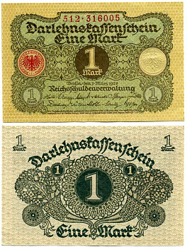 Германия 1 марка 1920 1 марта 1920, Веймарская республика Pick 58, Розенберг 64 бумага аUNC 7547-11-3