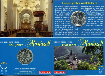 Австрия 5 евро 2007 850 лет городу Мариацелль, церковь KM 3145 серебро UNC 1-5-2-05