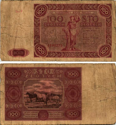 ПОЛЬША 100 ЗЛОТЫХ 1947 15 ИЮЛЯ 1947 Pick 131а бумага F 7487-48-2