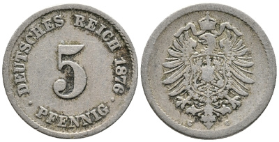ГЕРМАНИЯ 5 ПФЕННИГОВ 1876 G, СТАРОГЕРБОВКА KM 3, J. 3 медно-никель 39-414