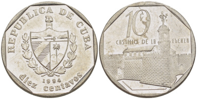 Куба 10 сентаво 1994 форт в Гаване Ла-Фуэрса KM 576.1 сталь плакированная никелем 66-661