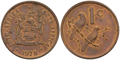 ЮАР 1 ЦЕНТ 1978 ГЕРБ, КАПСКИЕ ВОРОБЬИ KM 82 бронза 66-257