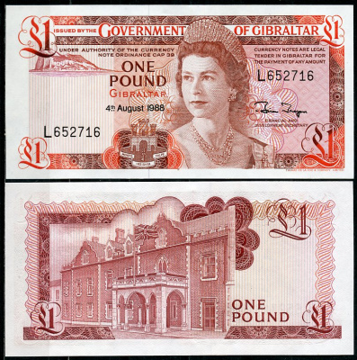 Гибралтар 1 фунт 1988 Елизавета II (1952-2022), резиденция губернатора Pick 20 e  бумага  UNC (пресс) 450-65-2