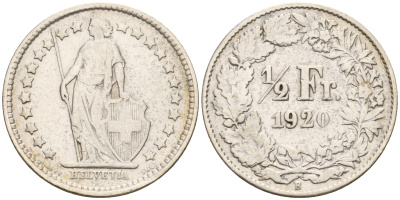 Швейцария 1/2 франка 1920 В  KM 23  серебро    4160-368
