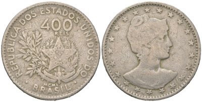 Бразилия 400 реалов 1901 MCMI, голова свободы вправо KM 505 медно-никель 4612-455