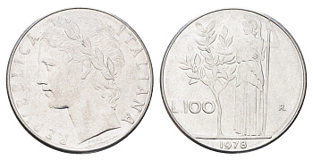 Италия 100 лир 1978 R, Афина в доспехах KM 96.1 нержавеющая сталь 4704-747