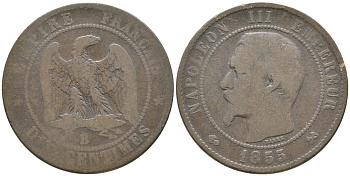 ФРАНЦИЯ 10 САНТИМОВ 1855 В, НАПОЛЕОН III (1852-1870) KM 771.2, LE FRANC 133.21 бронза 51-1756