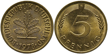 ФРГ 5 пфеннигов 1978 F KM 107, J.382 сталь плакированная латунью 99-117