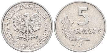 ПОЛЬША 5 ГРОШЕЙ 1959 KM А46 алюминий 4516-1158