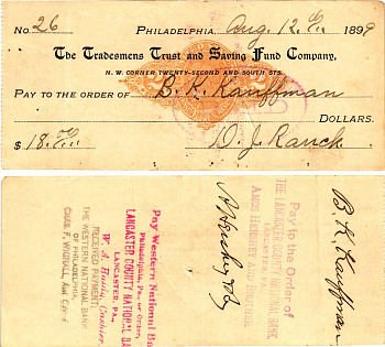 США чек на 18 долларов 1899 Филадельфия бумага 3295-53-2-2
