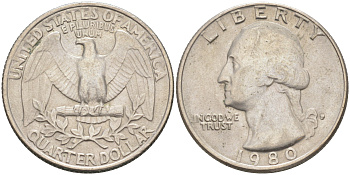 США 25 центов (квотер) 1980 P, Вашингтон KM A164a медь плакированная медно-никелем 4114-822