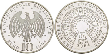 ФРГ 10 евро 2004 G, расширение Евросоюза KM 231, DE.S 10.14 серебро PROOF 413-6431