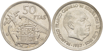 ИСПАНИЯ 50 ПЕСЕТ 1957 (59) ФРАНСИСКО ФРАНКО ДИКТАТОР ИСПАНИИ ( 1939- 1975) KM 788 медно-никель 4185-934