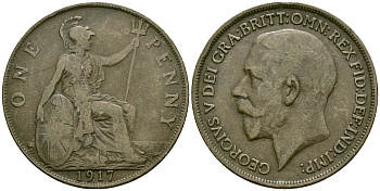 Великобритания 1 пенни 1917 Георг V (1910-1936) KM 810, Spink 4051 бронза 4120-813