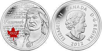 Канада 25 центов 2012 серия герои Канады в войне 1812-1815, вождь шауни Текумсе, эмаль KM 1324 a никелированная сталь  UNC  M59-09