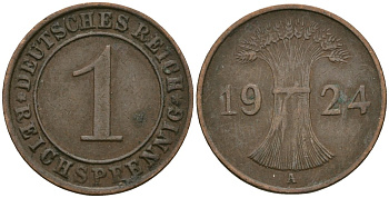 Германия 1 рейхспфенниг 1924 A KM 37, J. 313 бронза 4189-1055