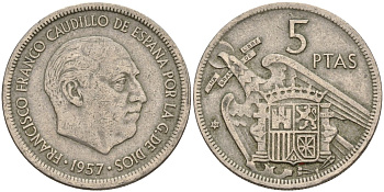 Испания 5 песет 1957 (67) Франсиско Франко (1939-1975) KM 786 медно-никель 4155-545