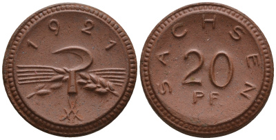 Саксония 20 пфеннигов 1921 колосья и серп J. N 53 фарфор UNC 1094-9-35