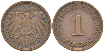 ГЕРМАНИЯ 1 ПФЕННИГ 1905 A KM 10, J. 10, Weege 2 медь 211-329