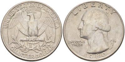 США 25 центов (квотер) 1980 P, Вашингтон KM A164a медь плакированная медно-никелем 4114-822