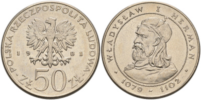 ПОЛЬША 50 ЗЛОТЫХ 1981 MW, СЕРИЯ ПОЛЬСКИЕ КОРОЛИ, ВЛАДИСЛАВ I ГЕРМАН (1079-1102) KM 128 медно-никель UNC 4565-736